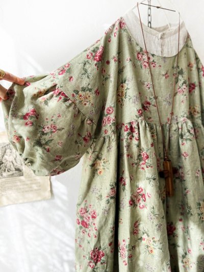 画像6: MARCHE' DE SOEUR／パフ袖チュニックワンピース・花柄モスグリーン