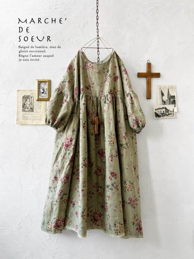 画像1: MARCHE' DE SOEUR／パフ袖チュニックワンピース・花柄モスグリーン