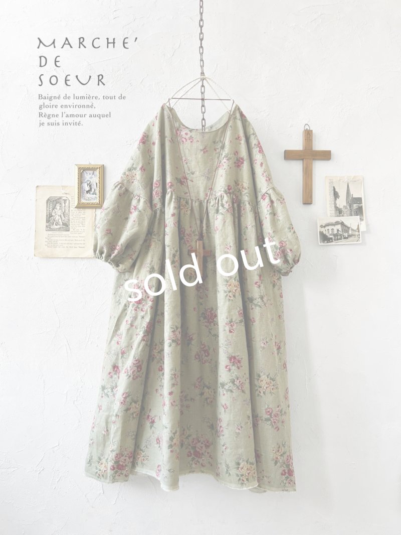 画像1: MARCHE' DE SOEUR／パフ袖チュニックワンピース・花柄モスグリーン (1)