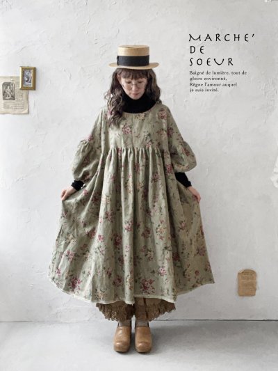 画像15: MARCHE' DE SOEUR／パフ袖チュニックワンピース・花柄モスグリーン