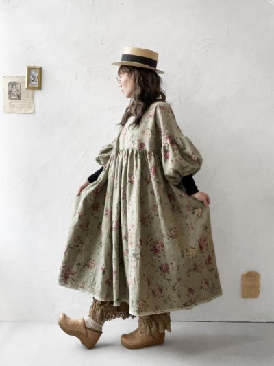 画像17: MARCHE' DE SOEUR／パフ袖チュニックワンピース・花柄モスグリーン