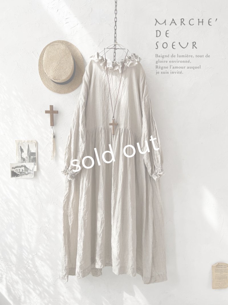 画像1: MARCHE' DE SOEUR／オランダリネン ラッフルギャザーワンピース・生成り (1)