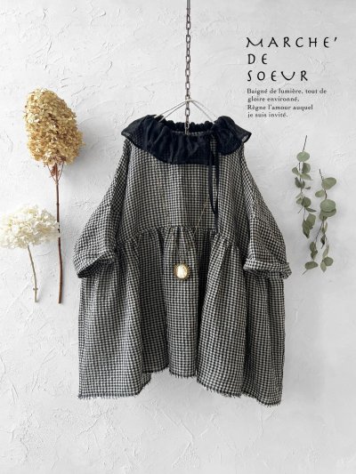 画像1: MARCHE' DE SOEUR／大きなラッフル襟のチュニック・ワッフルブラックに黒ガーゼ襟