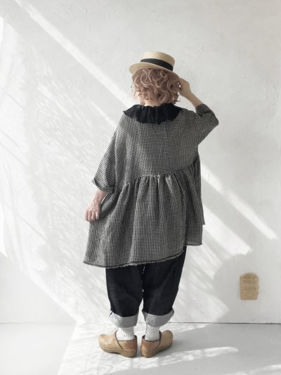 画像15: MARCHE' DE SOEUR／大きなラッフル襟のチュニック・ワッフルブラックに黒ガーゼ襟