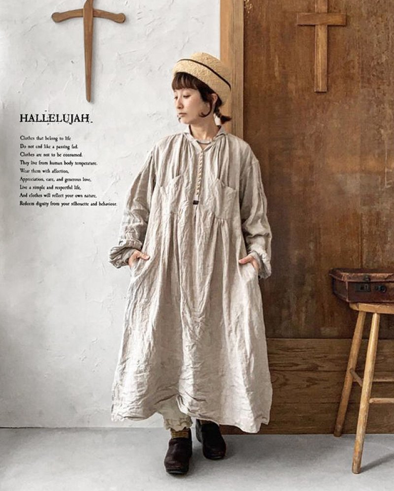 画像14: HALLELUJAH／1890's Bourgeron 羊飼いシャツワンピース・flax (14)
