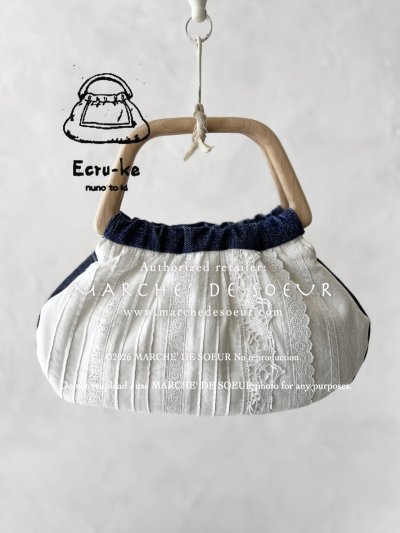 画像1: ecru-ke／木の持ち手バッグ・デニム アンティークレース