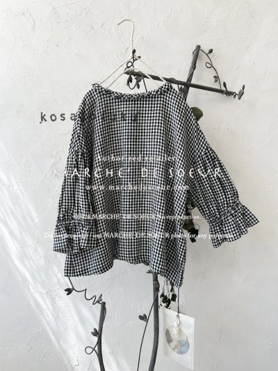 画像1: kosatofuku／小さなフリルカラーのブラウス・ギンガム
