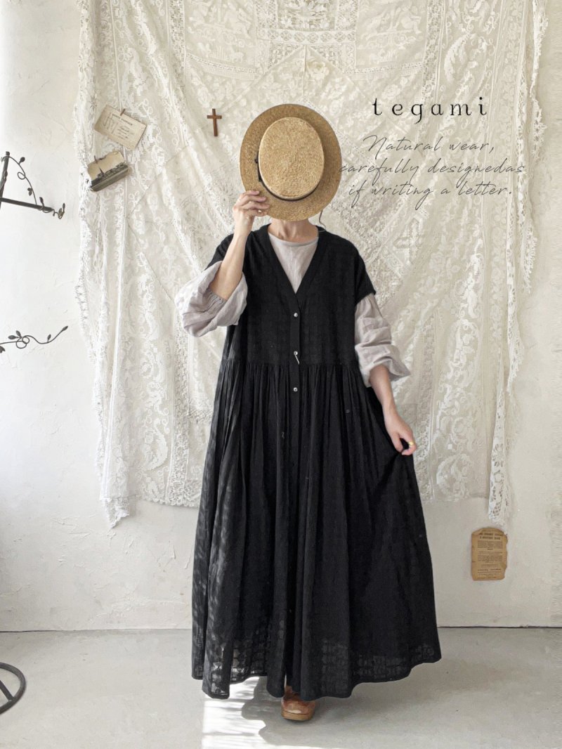画像10: tegami/刺繍レースフレンチスリーブワンピース・グレージュ (10)
