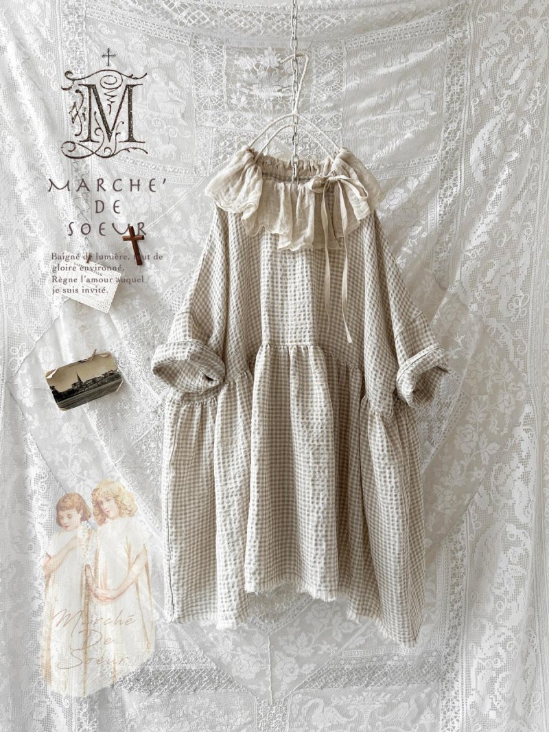 画像4: MARCHE' DE SOEUR／大きなラッフル襟のチュニック・ワッフルベージュ×生成り (4)
