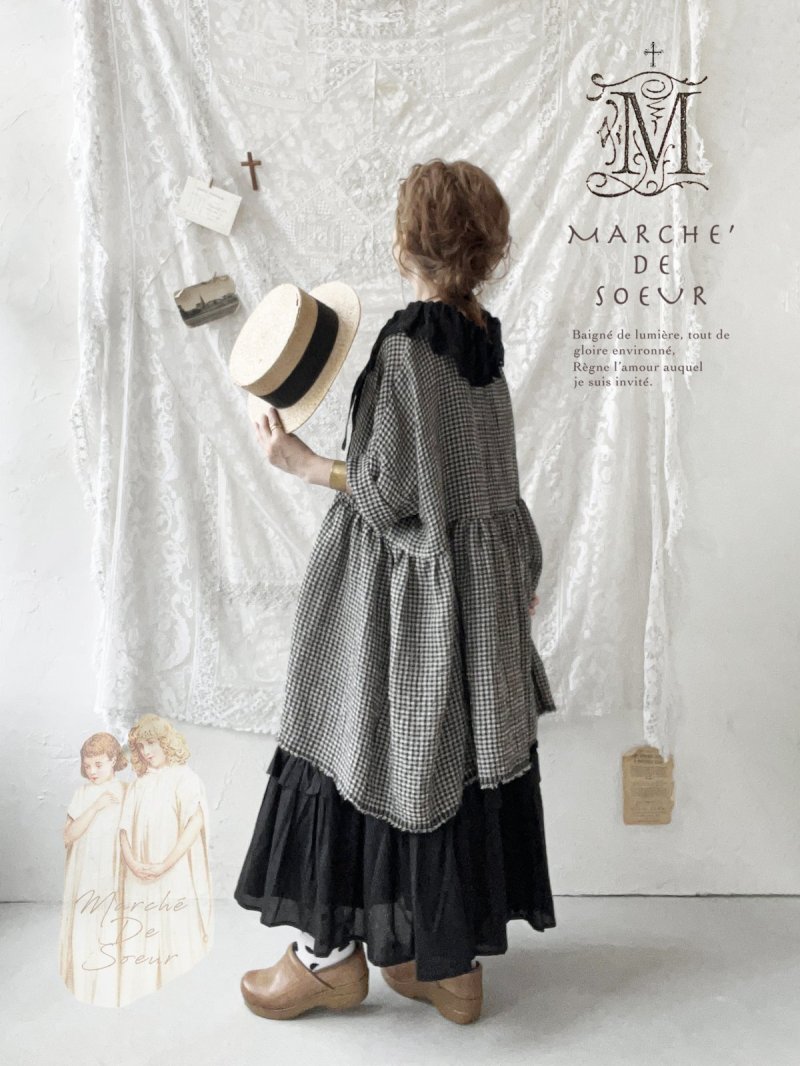 画像1: MARCHE' DE SOEUR／大きなラッフル襟のチュニック・ワッフルブラック×黒 (1)