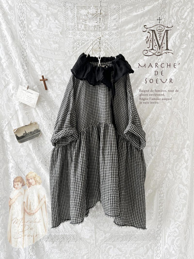 画像4: MARCHE' DE SOEUR／大きなラッフル襟のチュニック・ワッフルブラック×黒 (4)
