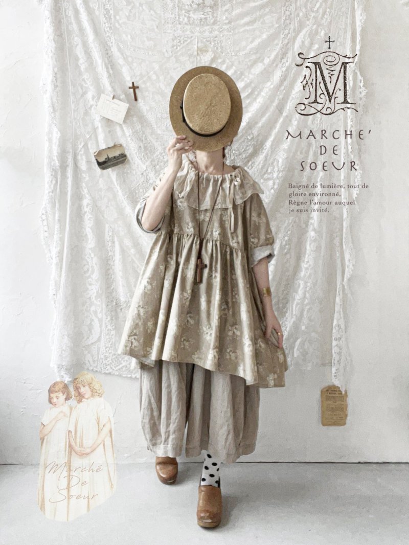 画像1: MARCHE' DE SOEUR／大きなラッフル襟のチュニック・ベージュローズ×生成り (1)