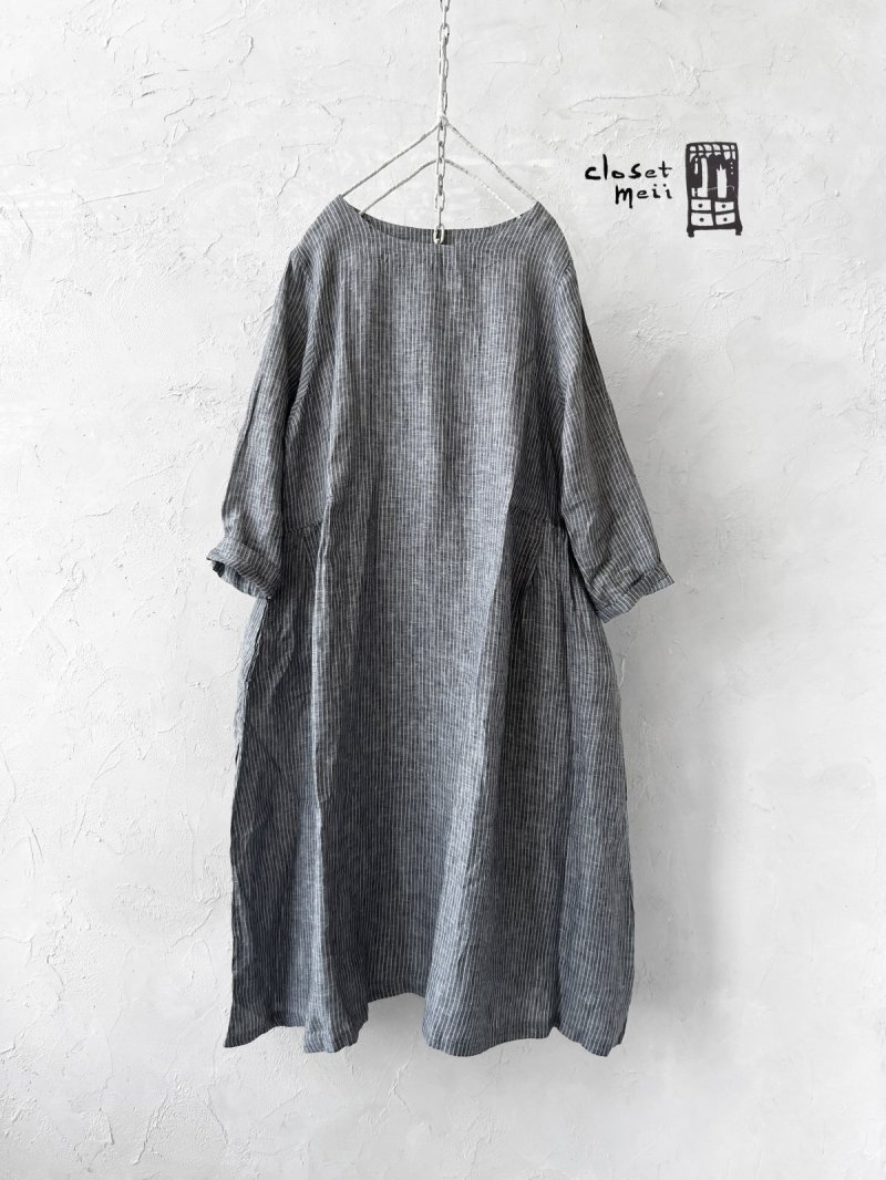 画像4: closet meii／ストライプリネンワンピース・ネイビー (4)