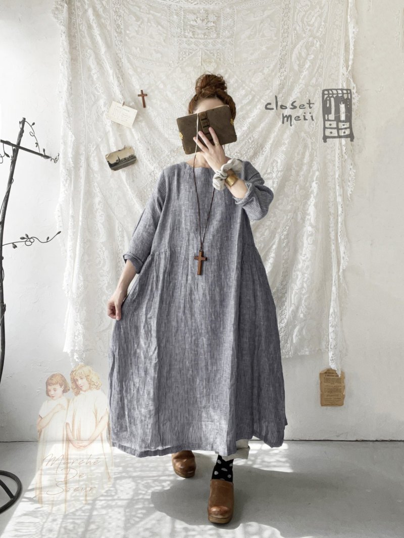 画像1: closet meii／ストライプリネンワンピース・ネイビー (1)