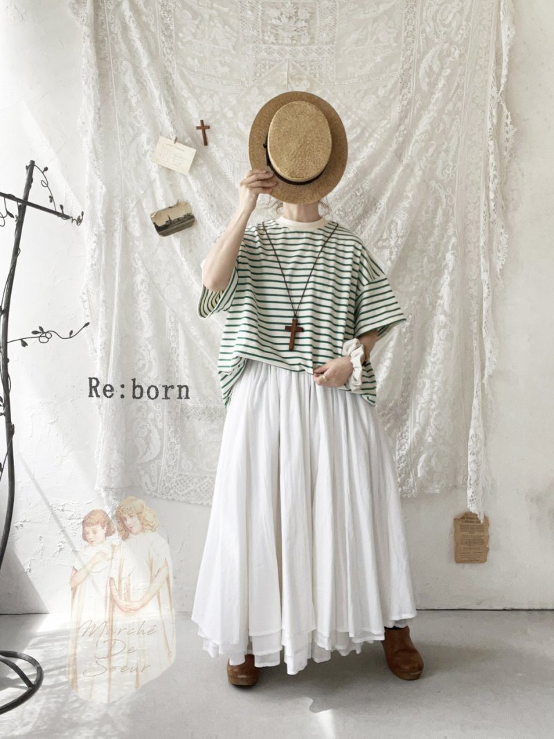 画像1: Re:born／コットン天竺半袖プルオーバー・グリーンボーダー (1)