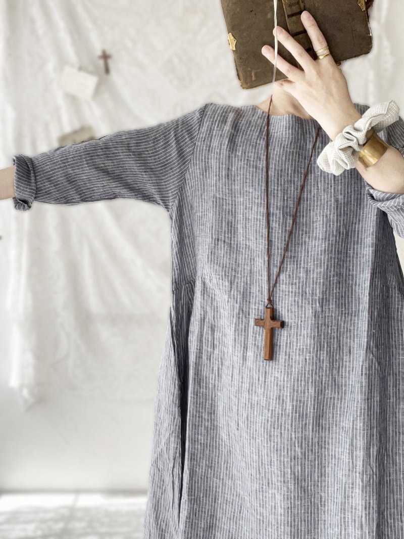 画像8: closet meii／ストライプリネンワンピース・ブラウン (8)