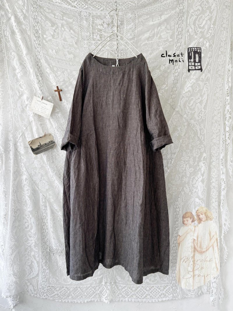 画像1: closet meii／ストライプリネンワンピース・ブラウン (1)