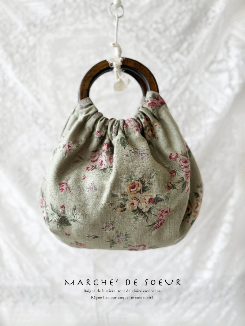 画像1: MARCHE' DE SOEUR／木の持ち手バッグ・モスグリーンローズ (1)