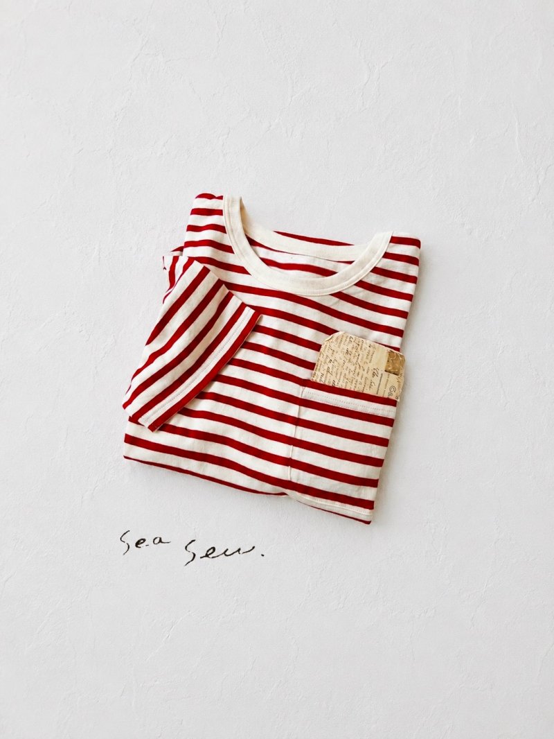 画像1: seasew.／402 ボックスポケットTシャツ・レッドボーダー (1)