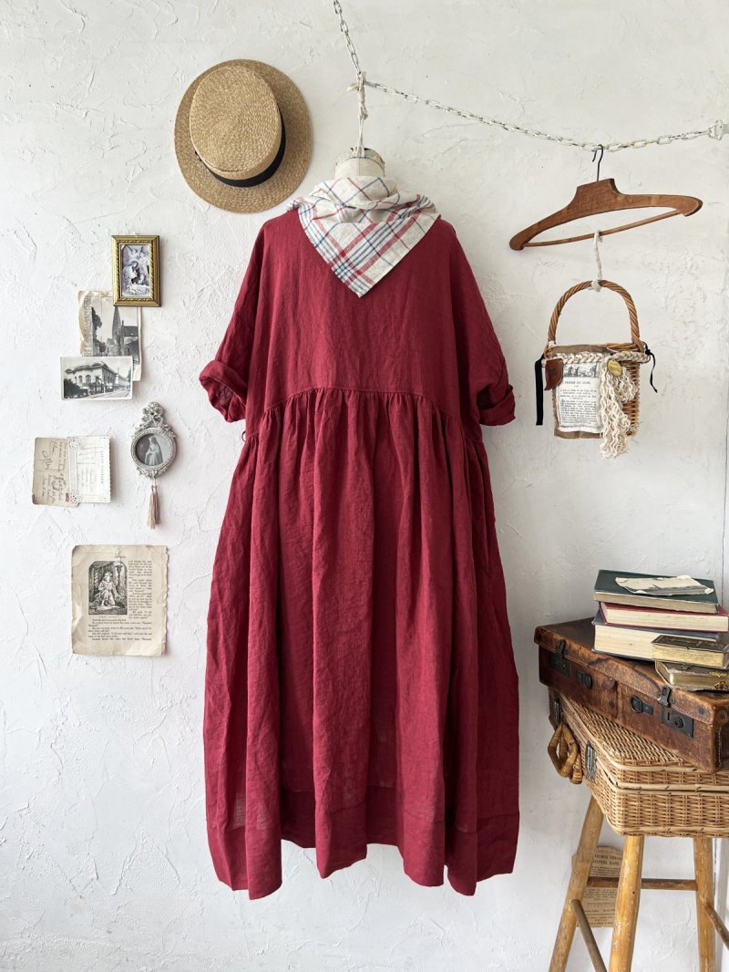 画像11: MARCHE' DE SOEUR／革タグストール付きスキッパーワンピース・ダークレッド (11)