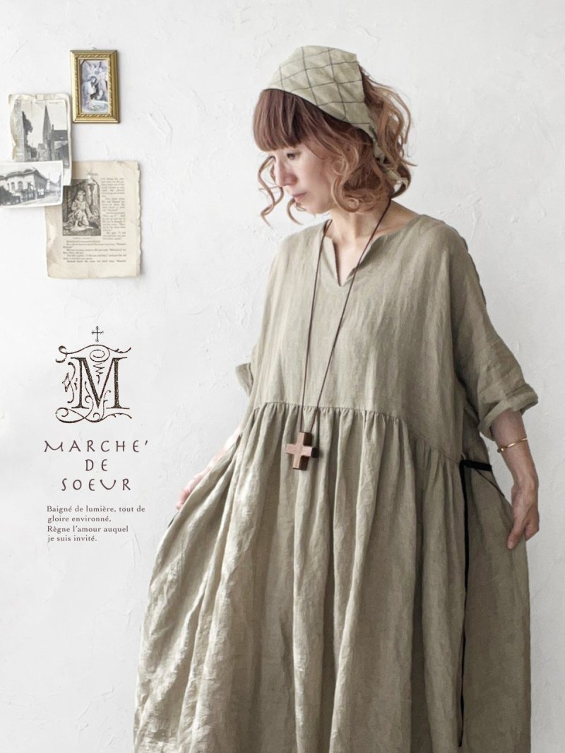 画像22: MARCHE' DE SOEUR／革タグストール付きスキッパーワンピース・オリーブドラブ (22)