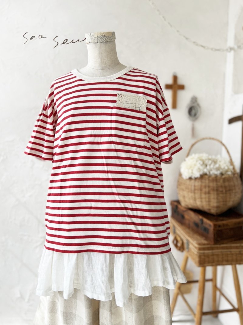 画像1: seasew.／402 ボックスポケットTシャツ・レッドボーダー (1)