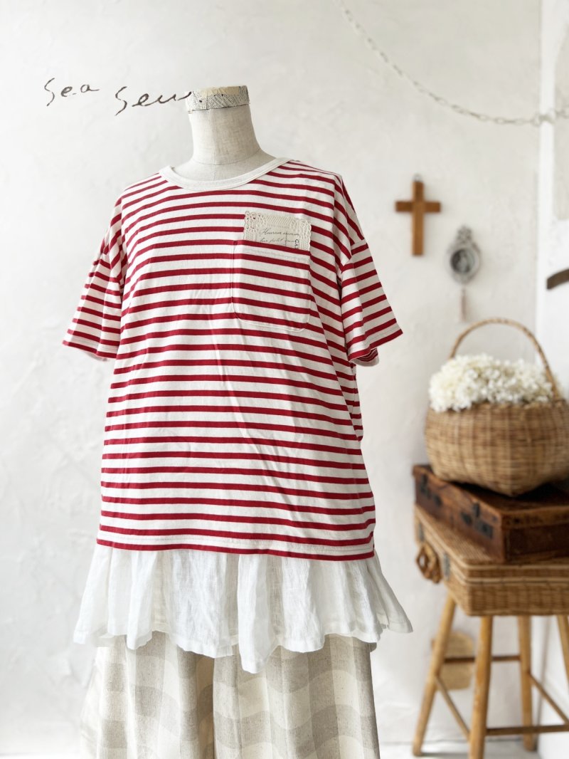 画像2: seasew.／402 ボックスポケットTシャツ・レッドボーダー (2)