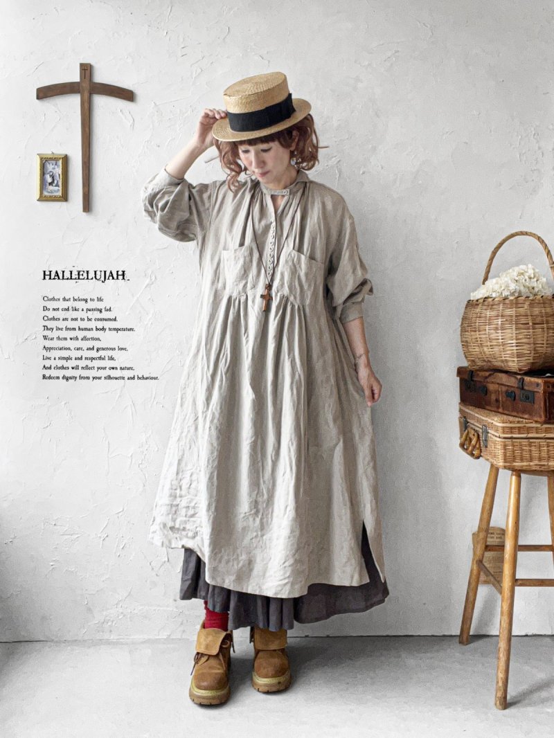 画像1: HALLELUJAH／1890's Bourgeron 羊飼いシャツワンピース・flax (1)