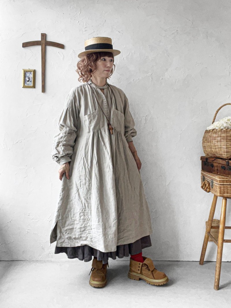 画像17: HALLELUJAH／1890's Bourgeron 羊飼いシャツワンピース・flax (17)