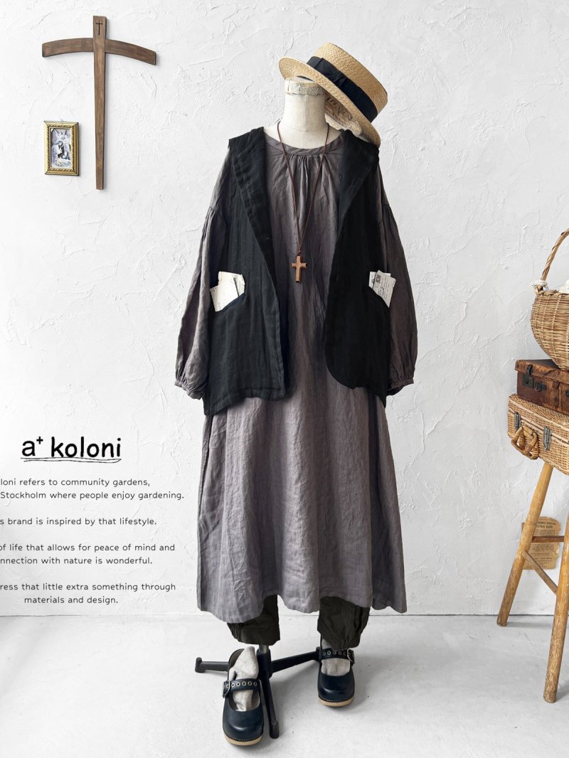 画像1: a+koloni／リネンスモックパフワンピース・チャコール (1)