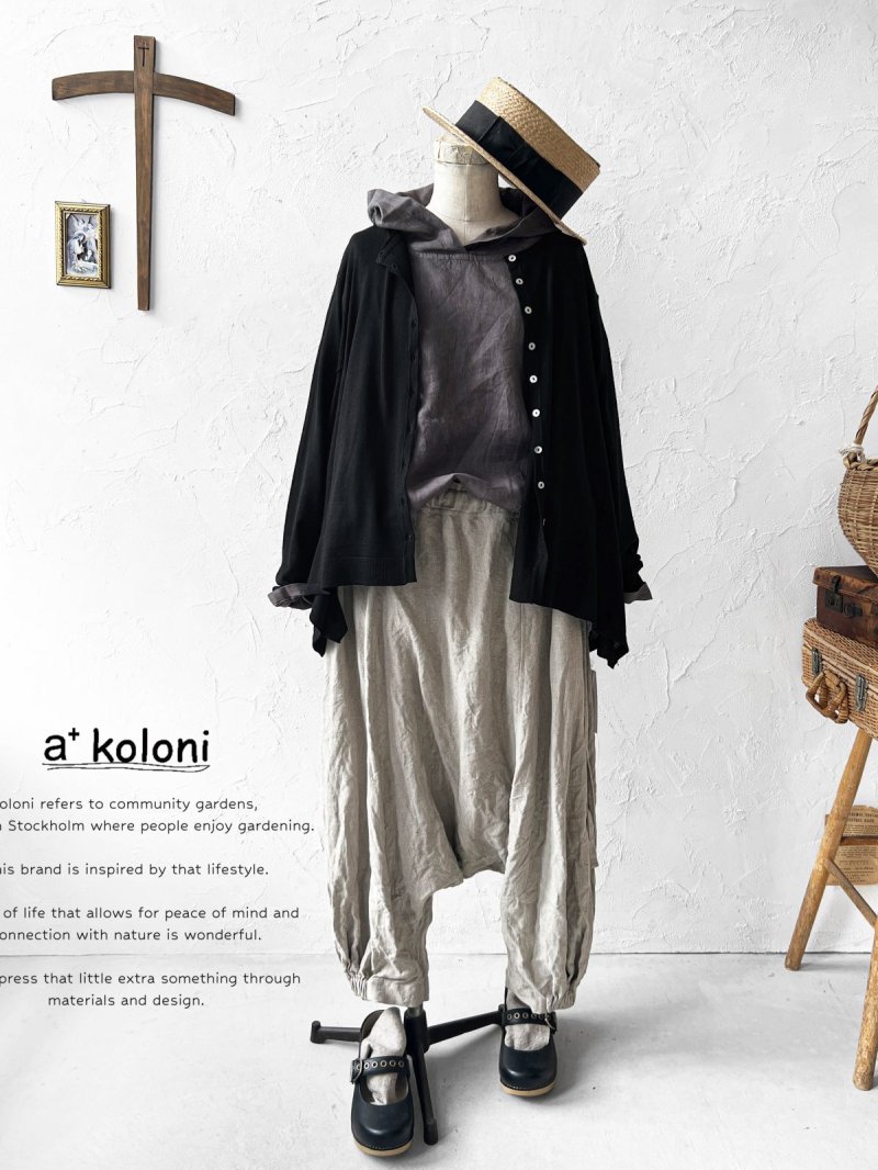画像1: a+koloni／リネンフードプルオーバー・チャコール (1)
