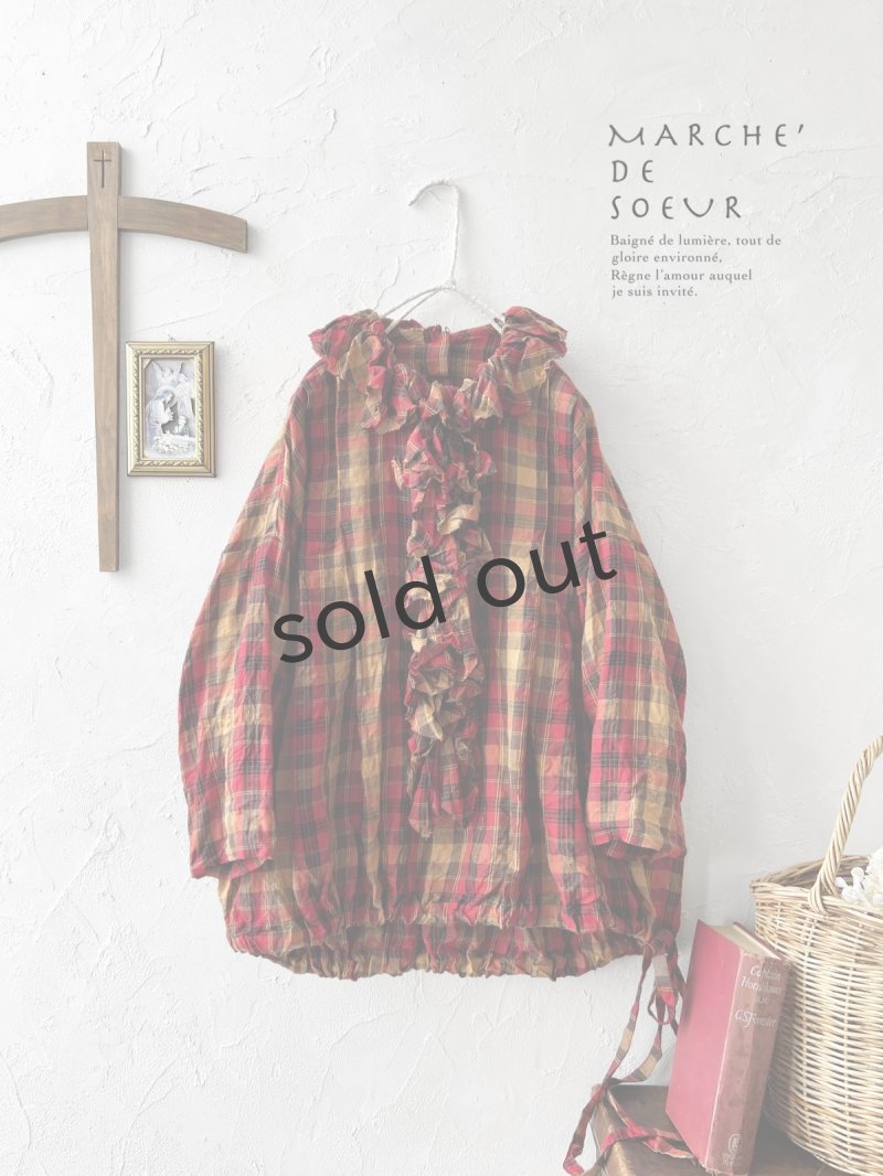 画像1: MARCHE' DE SOEUR／フローフリル７分袖バルーンプルオーバー・赤チェック (1)