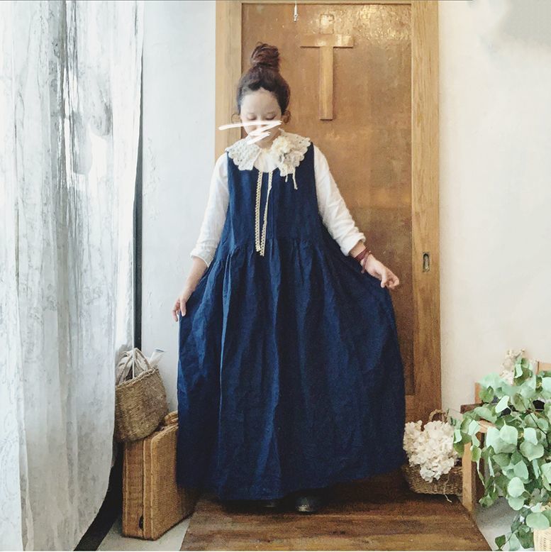 Pollenbienco 手編みティペットつき蒼ワンピース グレーアジサイ Marche De Soeur Pollenbienco 手編みティペットつき蒼ワンピース グレーアジサイ Marche De Soeur