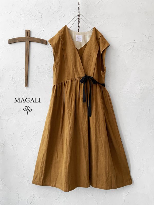 MAGALI /ブラッシュドベルギーリネン カシュクール風ワンピース ・ブリックブラウン - MARCHE' DE SOEUR