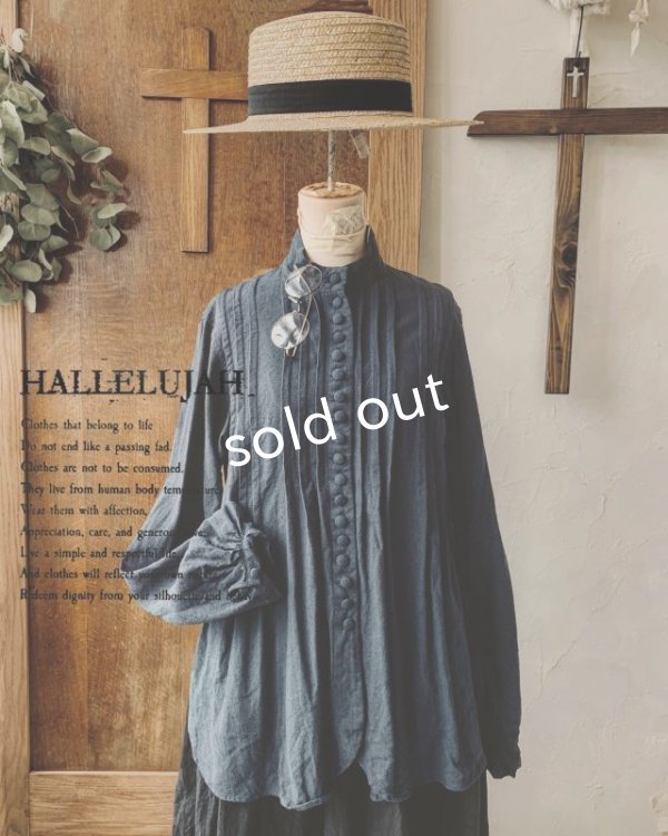 画像1: HALLELUJAH／Chemisier à plis d'époque プリーツシャツ・navy (1)