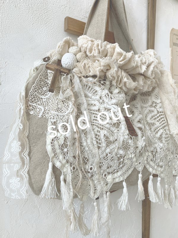 画像4: pollenbienco／アンティークレースのハードマンズリネンバッグ (4)