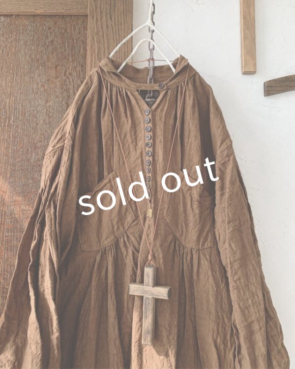 画像2: HALLELUJAH／1890's Bourgeron 羊飼いシャツワンピース・ Antique Brown（105cm丈） (2)