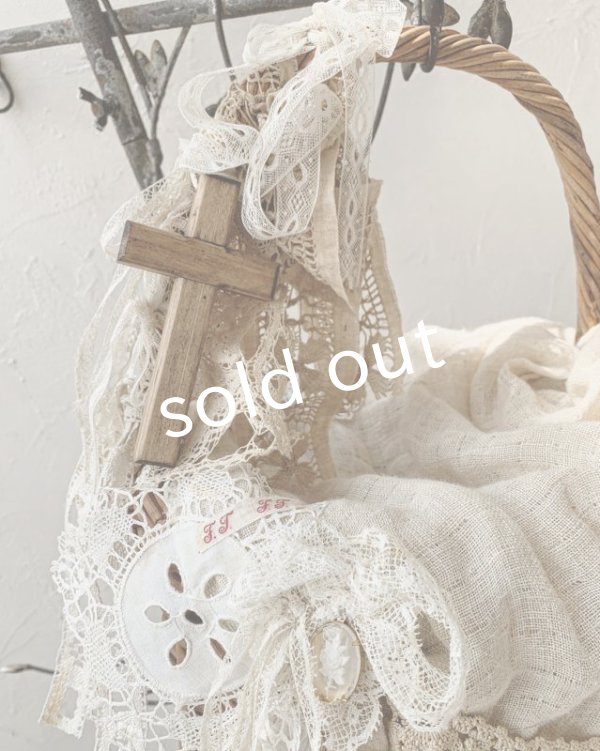 画像6: pollenbienco／アンティークレースとガーゼカバーのバスケット (6)