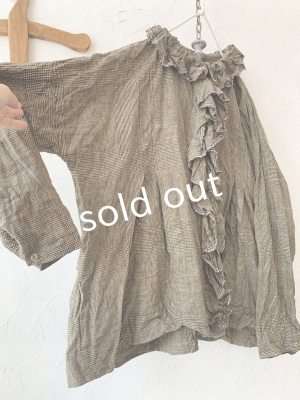 画像7: MARCHE' DE SOEUR／グレンチェックリネンフローフリルブラウス・ヴィンテージカーキ (7)