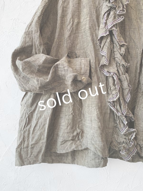 画像4: MARCHE' DE SOEUR／グレンチェックリネンフローフリルブラウス・ヴィンテージカーキ (4)