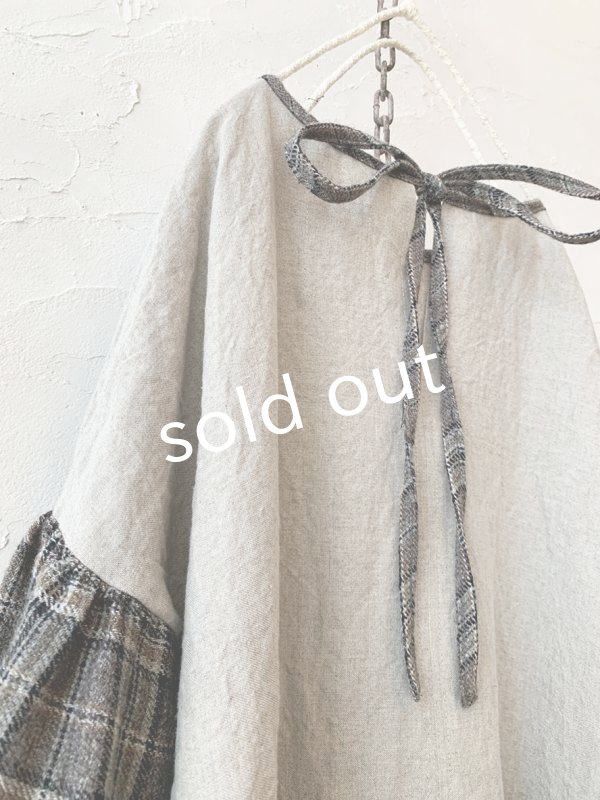 画像7: MARCHE' DE SOEUR／ブルターニュのワンピース・ウールリネン アンティークチェック生成り (7)