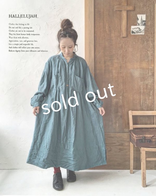 画像10: HALLELUJAH/1890's Bourgeron 羊飼いシャツワンピース・turquoise (10)