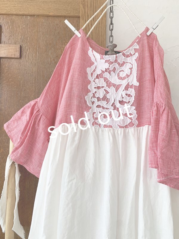 画像3: shizuka's／ちょうちょお袖アンティークレースOP・赤チドリ×白B (3)