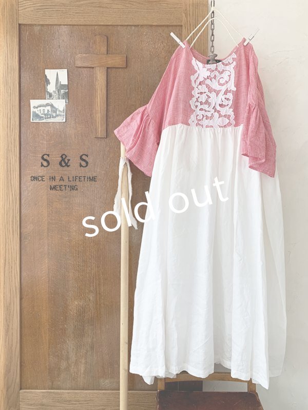 画像2: shizuka's／ちょうちょお袖アンティークレースOP・赤チドリ×白B (2)