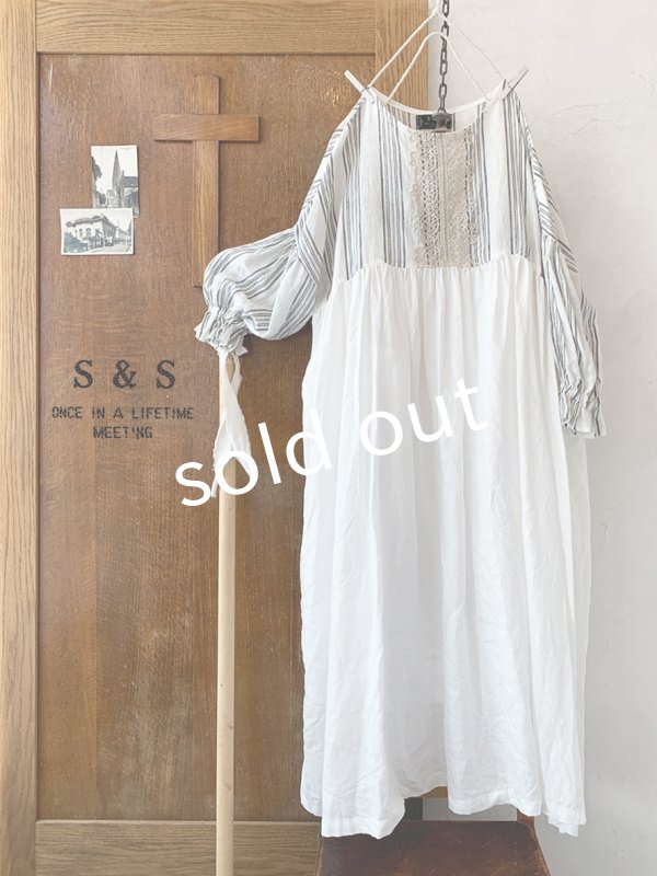 画像2: shizuka's／パフ袖アンティークレースOP・ストライプ×白B (2)