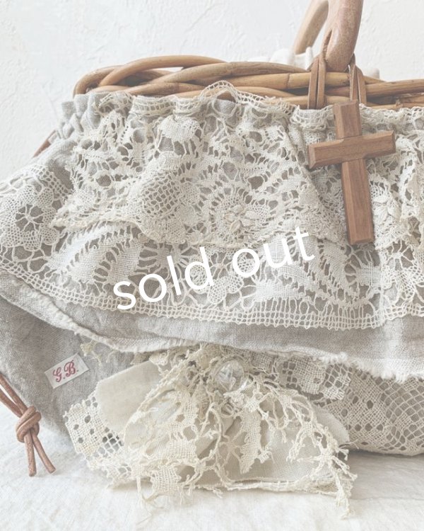 画像3: pollenbienco／アンティークレースのウッドハンドルバスケット・B (3)