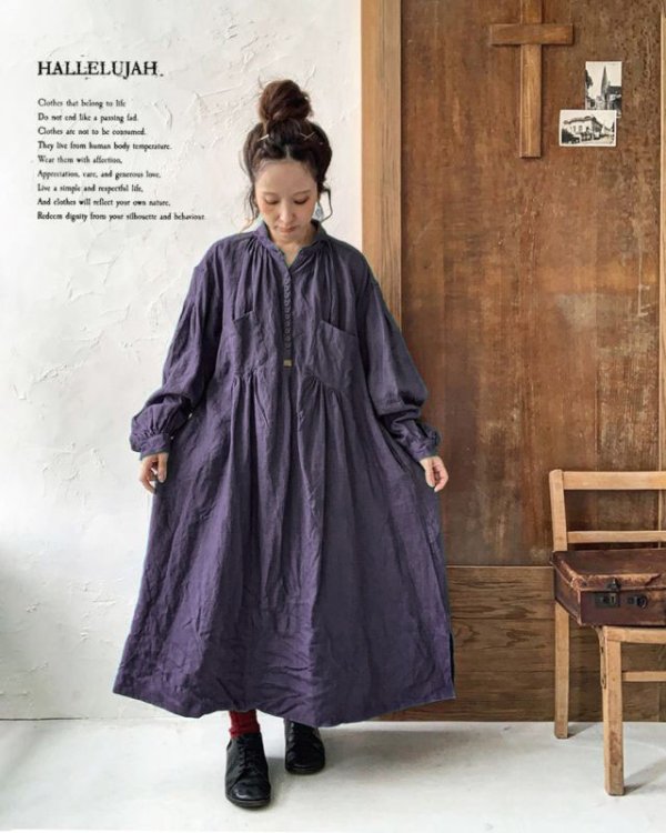 画像14: HALLELUJAH/1890's Bourgeron 羊飼いシャツワンピース・purple (14)