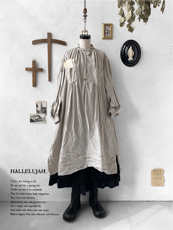 画像2: HALLELUJAH/1890's Bourgeron 羊飼いシャツワンピース・flax (2)