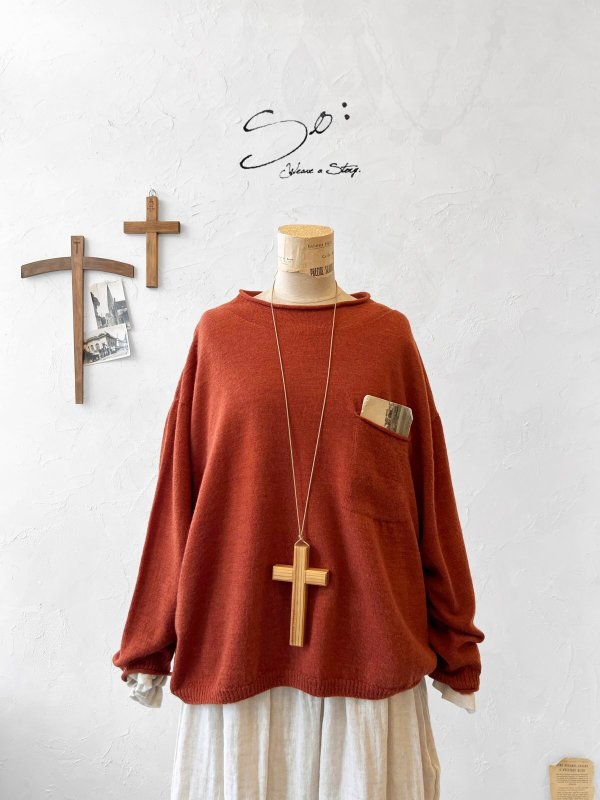 画像2: SO／胸ポケットニットプルオーバー・ダークオレンジ (2)