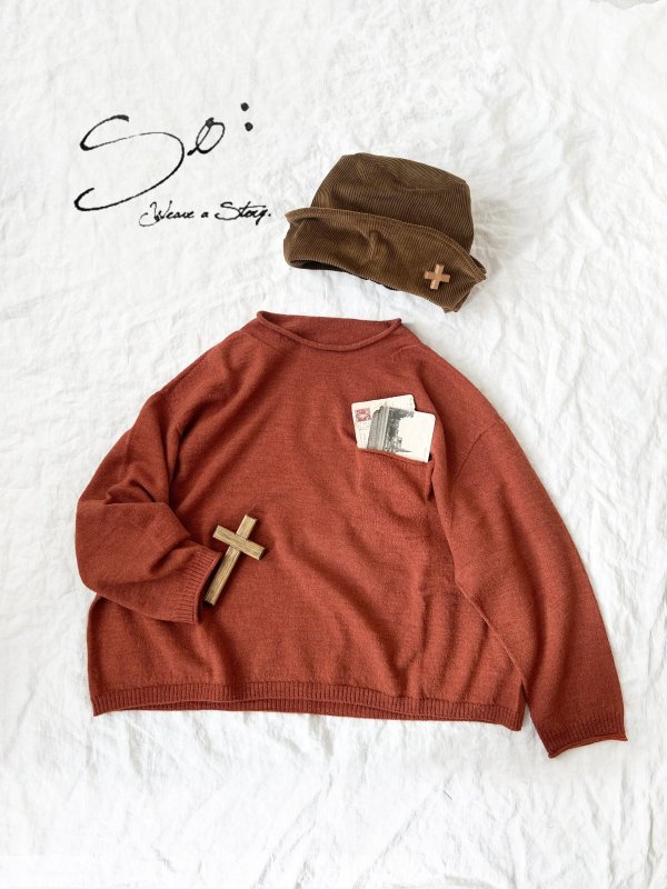 画像1: SO／胸ポケットニットプルオーバー・ダークオレンジ (1)